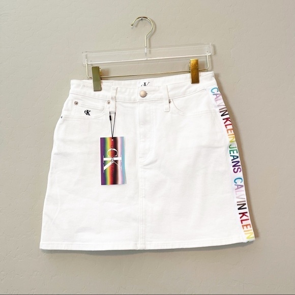 Calvin Klein Women's PRIDE Rainbow High Rise Mini Skirt Denim White 29 NWT - Picture 2 of 10